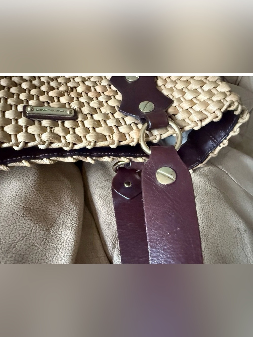 MICHAEL Kors Santorini Raffia Straw Tote Handbag Brown Leather Accents - Picture 13 of 16